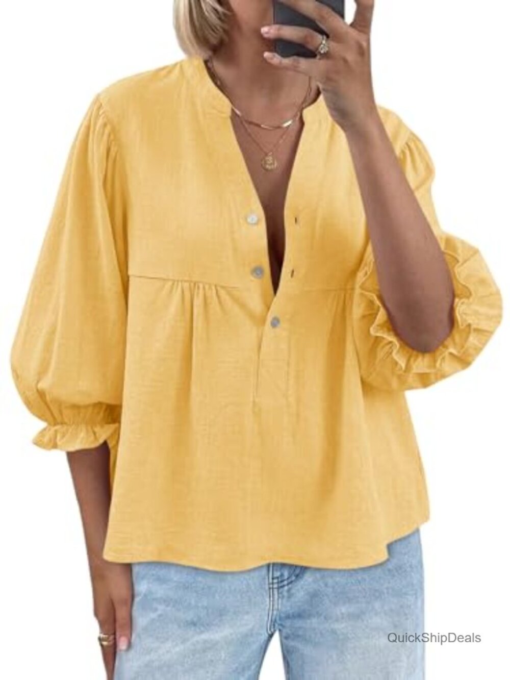 Puff Sleeve Babydoll Top V Neck Blouse 3/4 Sleeve Ruffle Button Down Loose Fit